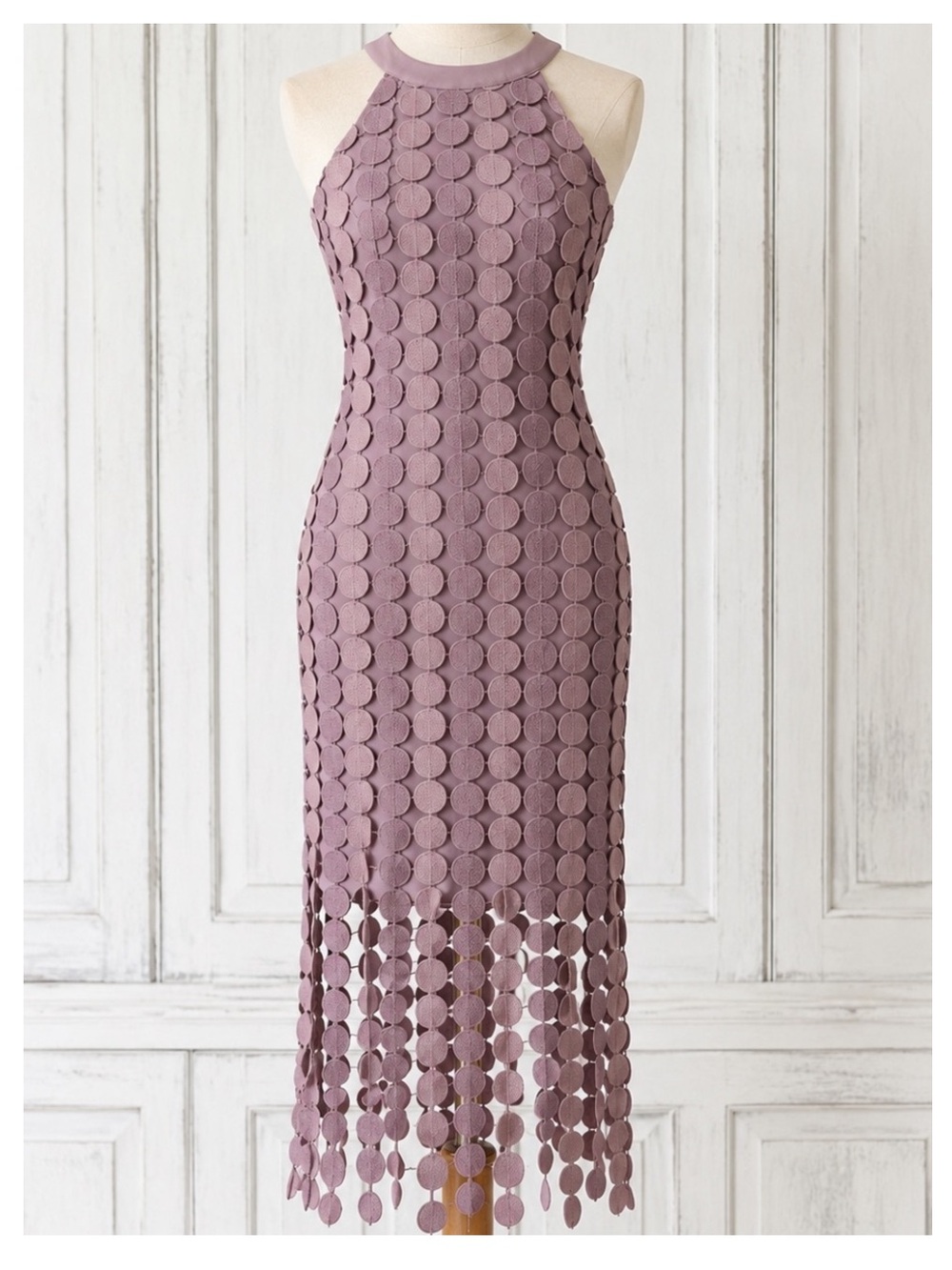 NWT JUST ME Midi Dress w/Circle Discs Overlay in Shades of Mauve SMALL